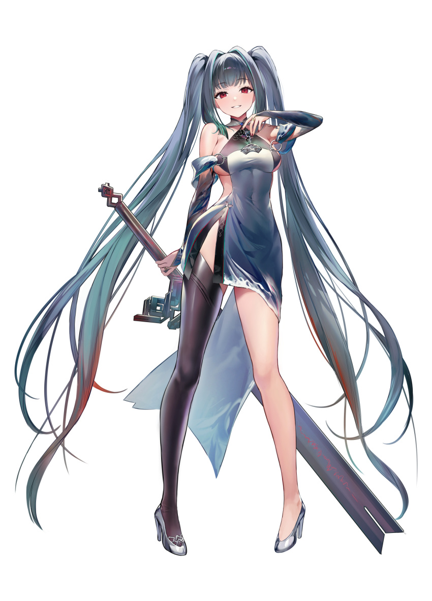 1girl bare_shoulders black_dress blush breasts bridal_gauntlets brown_legwear copyright_request covered_navel dress fingernails full_body gradient_hair green_hair grey_footwear grey_hair hand_on_own_chest high_heels highres holding holding_sword holding_weapon hoojiro huge_weapon long_hair looking_at_viewer medium_breasts multicolored_hair nail_polish pigeon-toed red_eyes red_nails short_dress side_slit simple_background single_thighhigh smile solo sword thighhighs very_long_hair weapon white_background
