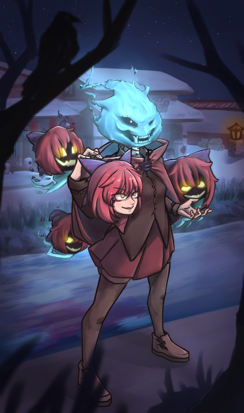 1girl bird black_shirt blue_bow bow branch brown_legwear cloak crow disembodied_head dullahan fangs grass hair_bow highres long_sleeves miniskirt red_cloak red_eyes red_hair red_skirt sekibanki sentrywilldraw shirt short_hair skirt solo stone_lantern stream thighhighs touhou