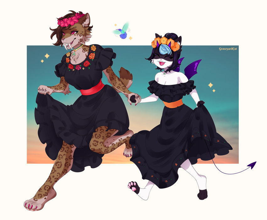 abella_mf_spirit anthro aztec duo felid feline female floral_pattern grave graveyardcat hi_res huitzilopochtli machairodontine mammal pawpads piercing tattoo wings