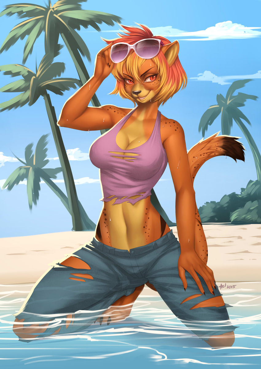 2015 5_fingers absurd_res alanscampos anthro beach biped blonde_hair breasts brown_body brown_fur claws clothed clothing cloud detailed_background digital_media_(artwork) eyewear felid female finger_claws fingers fur glasses hair hand_on_leg hand_on_thigh hi_res kneeling looking_at_viewer mammal midriff multicolored_hair navel open_mouth outside palm_tree pink_hair plant public red_eyes sand seaside sky smile solo spots sunglasses tigerlily_(charise) toe_claws torn_clothing tree two_tone_hair water