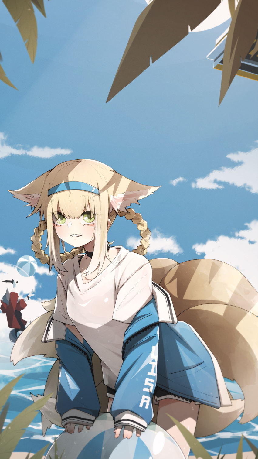 2girls :d absurdres alternate_costume animal_ears arknights ball beachball black_choker blonde_hair blue_hairband blue_jacket blue_sky braid chibi chibi_inset choker clothes_writing cowboy_shot dagger day fox_ears fox_girl fox_tail green_eyes hair_rings hairband highres if_f jacket knife leaning_forward long_sleeves looking_at_viewer multiple_girls multiple_tails off_shoulder official_alternate_costume open_clothes open_jacket outdoors parted_lips projekt_red_(arknights) projekt_red_(light_breeze)_(arknights) shirt sidelocks sky sleeves_past_wrists smile solo_focus tail unzipped water weapon white_shirt