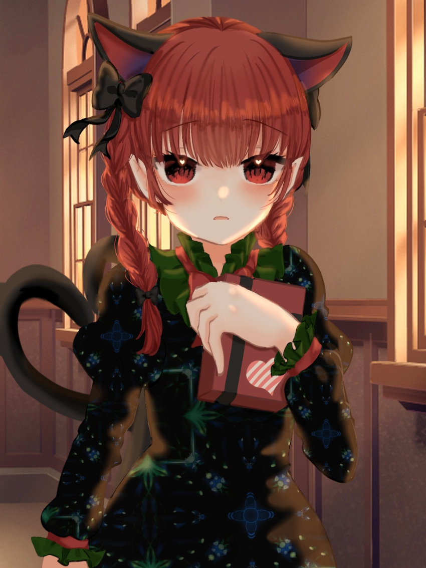 1girl animal_ears ao_orin_ringo bangs black_bow blush bow braid cat_ears cat_tail dress extra_ears eyebrows_visible_through_hair face gift green_dress hair_bow heart highres kaenbyou_rin light_frown multiple_tails night open_mouth outdoors parted_lips pointy_ears portrait puffy_sleeves raised_eyebrows red_eyes red_hair revision slit_pupils solo tail touhou twin_braids twintails two_tails valentine window yellow_sky