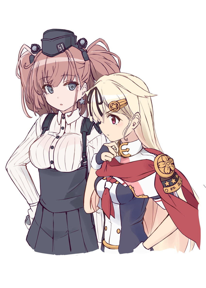 2girls anchor_hair_ornament atlanta_(kancolle) black_gloves black_headwear black_ribbon black_serafuku black_skirt blonde_hair breasts brown_hair cowboy_shot crest cropped_torso dress_shirt earrings fingerless_gloves garrison_cap gloves grey_eyes hair_flaps hair_ornament hair_ribbon hairclip hat high-waist_skirt highres jewelry kantai_collection large_breasts long_hair long_sleeves minosu multiple_girls neckerchief original_remodel_(kantai_collection) red_eyes red_neckerchief ribbon school_uniform serafuku shirt simple_background skirt star_(symbol) star_earrings suspender_skirt suspenders two_side_up white_background white_shirt yuudachi_(kancolle) yuudachi_kai_ni_(kancolle)