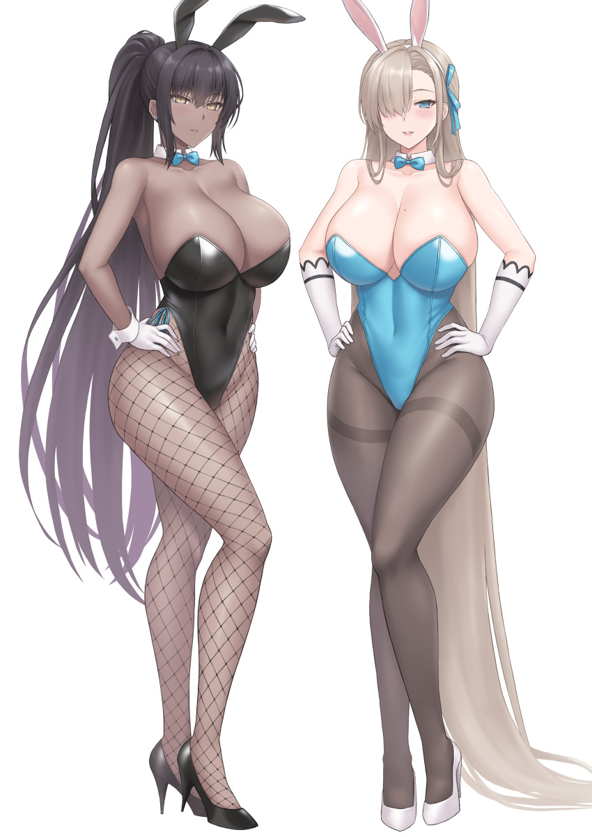 2girls absurdres animal_ears asuna_(blue_archive) bangs bare_shoulders black_footwear black_hair black_leotard blue_archive blue_eyes blue_leotard blush breasts brown_legwear cleavage dark-skinned_female dark_skin detached_collar elbow_gloves fake_animal_ears fishnet_legwear fishnets full_body gloves hair_over_one_eye hands_on_hips high_heels highleg highleg_leotard highres karin_(blue_archive) large_breasts leotard light_brown_hair long_hair looking_at_viewer mole mole_on_breast multiple_girls pantyhose playboy_bunny ponytail rabbit_ears sama_samasa sidelocks smile very_long_hair white_footwear white_gloves yellow_eyes