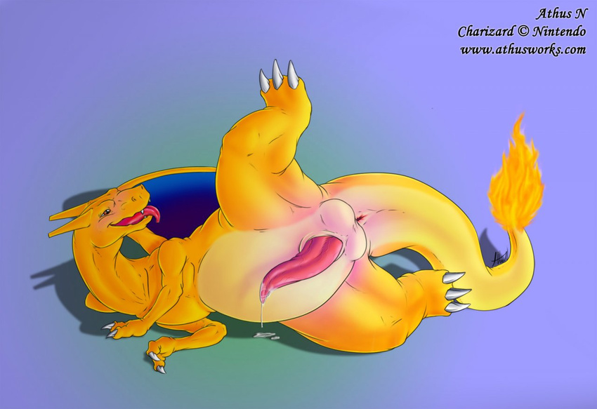 anus athus charizard claws cum cumdrip fire flame furry highres horns leg_up nintendo on_side open_mouth penis pokemon precum presenting smile spread_legs tail tongue uncensored