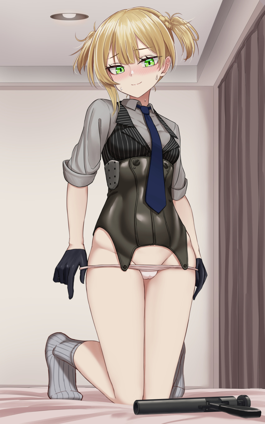 1girl absurdres asymmetrical_hair bangs black_gloves black_vest blonde_hair blue_necktie blush breasts cameltoe closed_mouth collared_shirt commentary_request corset ear_blush full_body girls'_frontline gloves green_eyes grey_legwear grey_shirt gun handgun highres indoors looking_at_viewer necktie nose_blush panties panty_pull pink_panties pistol shirt short_hair small_breasts smile socks solo sweat two_side_up underwear vest weapon welrod_mk2 welrod_mkii_(girls'_frontline) yakob_labo