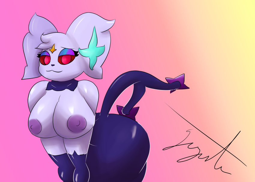 2022 absurd_res anthro areola bedroom_eyes bent_forward bent_over big_breasts big_butt breasts butt dark_areola digital_media_(artwork) eeveelution espeon eyeshadow female fur fusion gazaster gloves_(marking) gradient_background half-closed_eyes hands_on_thighs head_tuft hi_res leaning leaning_forward looking_at_viewer makeup mammal markings narrowed_eyes nintendo nipples no_pupils nude pok&eacute;mon pok&eacute;mon_(species) pok&eacute;mon_fusion presenting presenting_breasts purple_body purple_skin red_eyes red_sclera seductive shinx simple_background smile solo standing thick_thighs tuft video_games wide_hips
