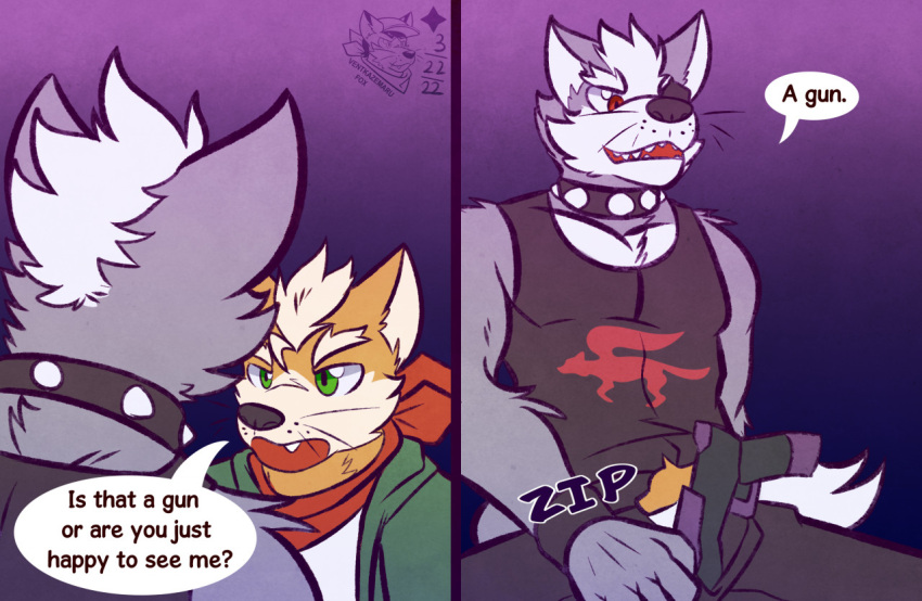canid canine canis collar duo fangs fox fox_mccloud gun humor mammal neckerchief nintendo ranged_weapon spiked_collar spikes star_fox text ventkazemaru video_games weapon whiskers wolf wolf_o'donnell