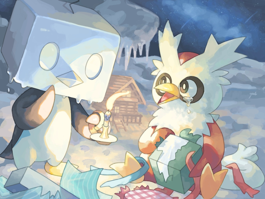 bird black_eyes bright_pupils candle christmas cloud commentary_request crying delibird eiscue eiscue_(ice) fire flame footprints gift happi_xfyg holding holding_gift melting night no_humans open_mouth outdoors pokemon pokemon_(creature) ribbon shooting_star sitting sky snow tears tongue