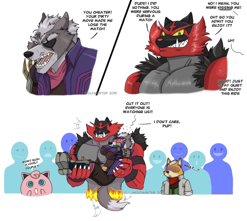 &lt;3 ambiguous_gender anthro blush carrying clothing dialogue eye_patch eyewear fox_mccloud group humor incineroar jigglypuff lost_bet male nintendo pok&eacute;mon pok&eacute;mon_(species) simple_background star_fox super_smash_bros. tail_motion tailwag video_games watermark wolf_o'donnell wolfmaster