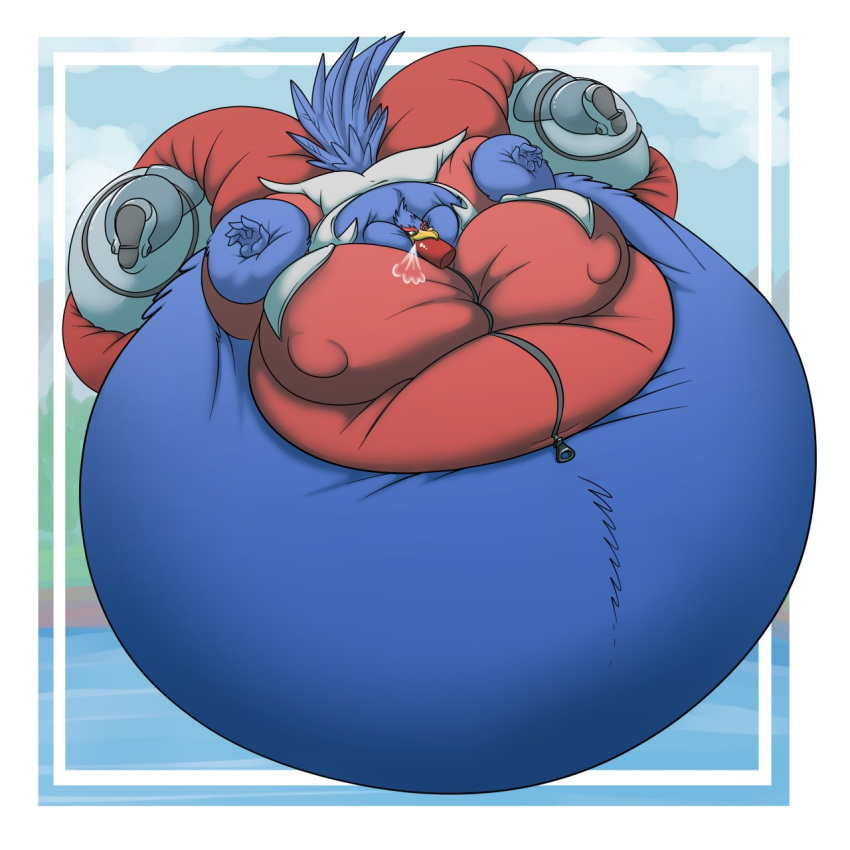 air_tank anthro avian beak belly big_belly big_butt blue_body blue_feathers butt clothing eggo21 falco_lombardi feathers floating hi_res huge_butt hyper hyper_belly inflation male nintendo object_in_mouth puffed_cheeks simple_background solo star_fox tail_feathers video_games yellow_beak