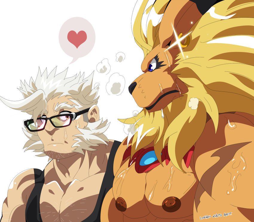 &lt;3 absurd_res bandai_namco beard blue_eyes bodily_fluids clothing digimon digimon_(species) duo ear_piercing eyewear facial_hair glasses hi_res human leomon logan_sato looking_at_another male male/male mammal mane meme muscular nipples pecs piercing shirt sweat tank_top topwear