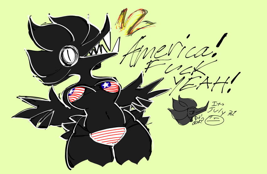 4th_of_july absurd_res america_fuck_yeah american_flag_bikini anthro avian big_teeth biped bird breasts corvanera_(spotpot_live) corvid curvy_figure feather_hands feathers female hi_res monster oscine outline passerine pear-shaped_figure small_breasts solo spotpot_live stars_and_stripes united_states_of_america void_monster voluptuous voluptuous_female wide_hips
