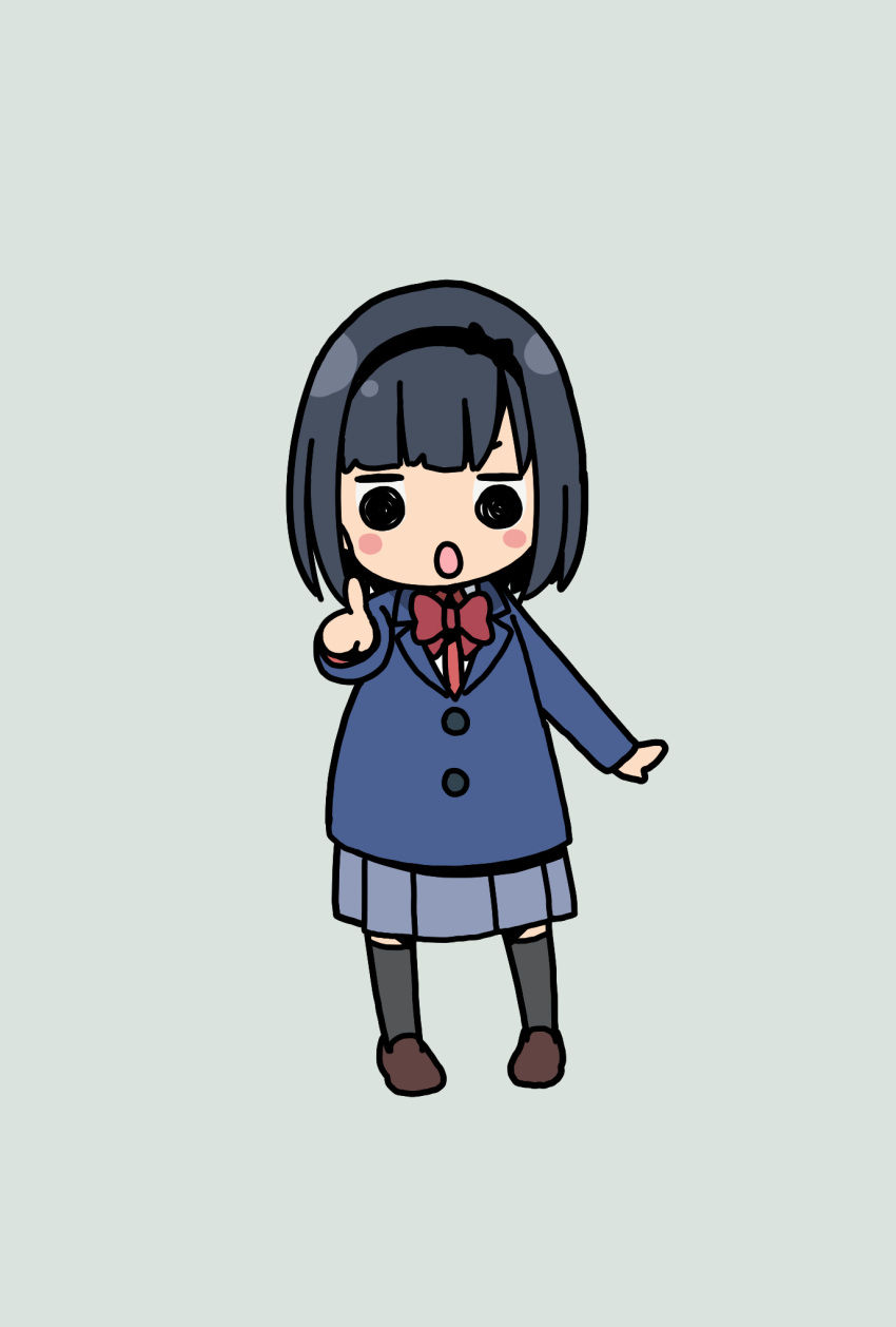 1girl bangs black_hair black_hairband black_legwear blue_jacket blue_skirt blunt_bangs blush_stickers bow bowtie brown_footwear chibi commentary_request full_body hairband highres hitoribocchi_no_marumaru_seikatsu jacket katsuwo_(cr66g) kurai_kako long_sleeves open_mouth pleated_skirt pointing pointing_at_viewer red_bow red_bowtie school_uniform shoes short_hair simple_background skirt solo standing thighhighs