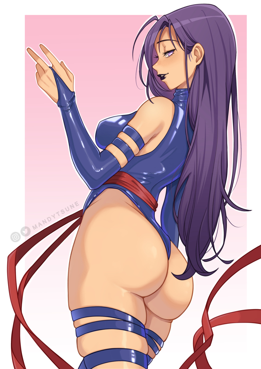 1girl absurdres artist_name ass blue_leotard breasts bridal_gauntlets closed_mouth elizabeth_braddock english_commentary from_behind highres leotard lipstick long_hair looking_to_the_side makeup mandytsune marvel psylocke purple_eyes purple_hair red_sash sash simple_background solo thigh_strap x-men