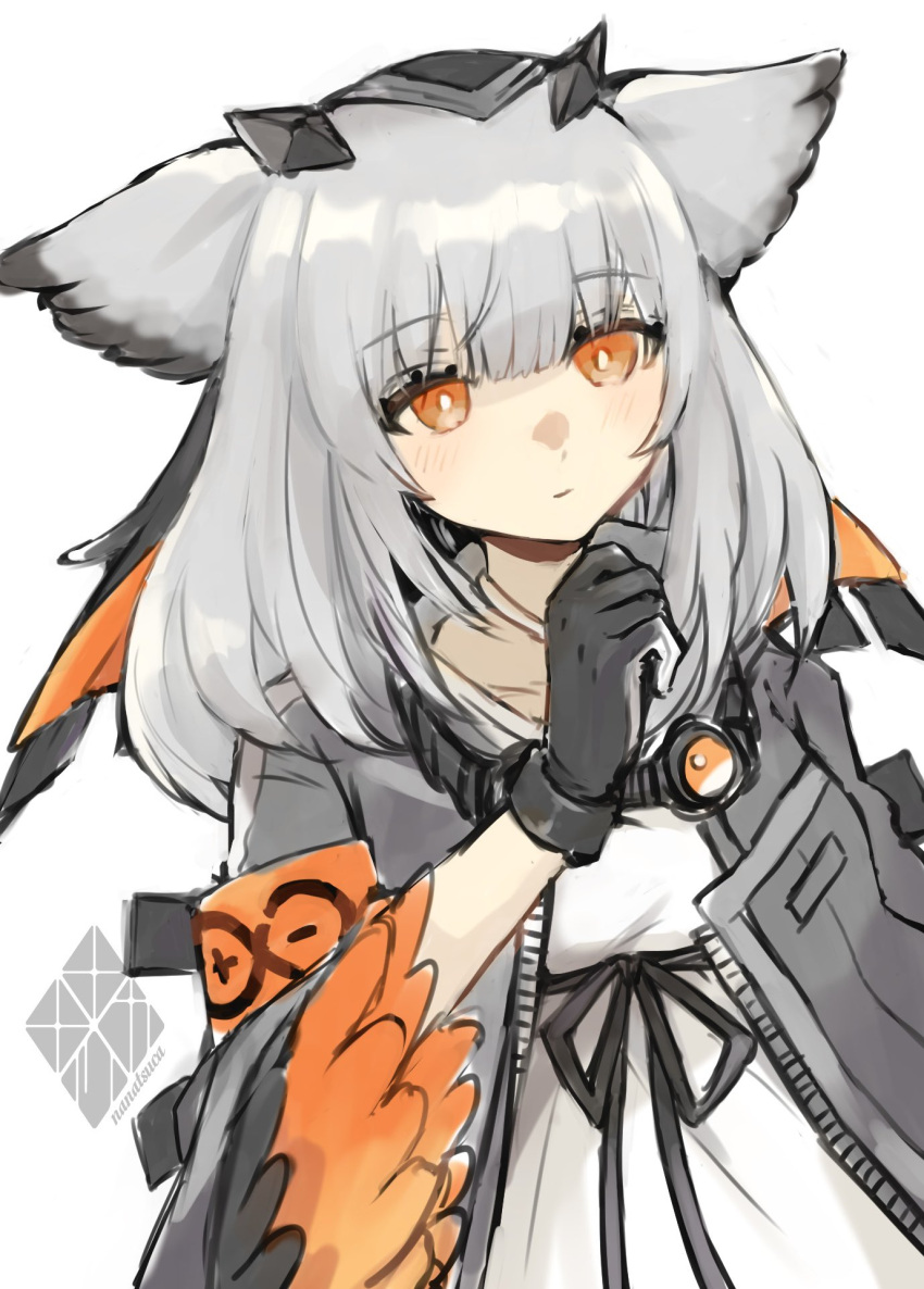 1girl arknights armband artist_logo black_gloves black_ribbon blush breasts closed_mouth coat commentary dress eyebrows_visible_through_hair feather-trimmed_sleeves gloves goggles goggles_around_neck grey_coat highres light_smile medium_hair nanatsuka open_clothes open_coat orange_eyes owl_ears ptilopsis_(arknights) rhine_lab_logo ribbon signature silver_hair simple_background small_breasts solo upper_body white_background white_dress