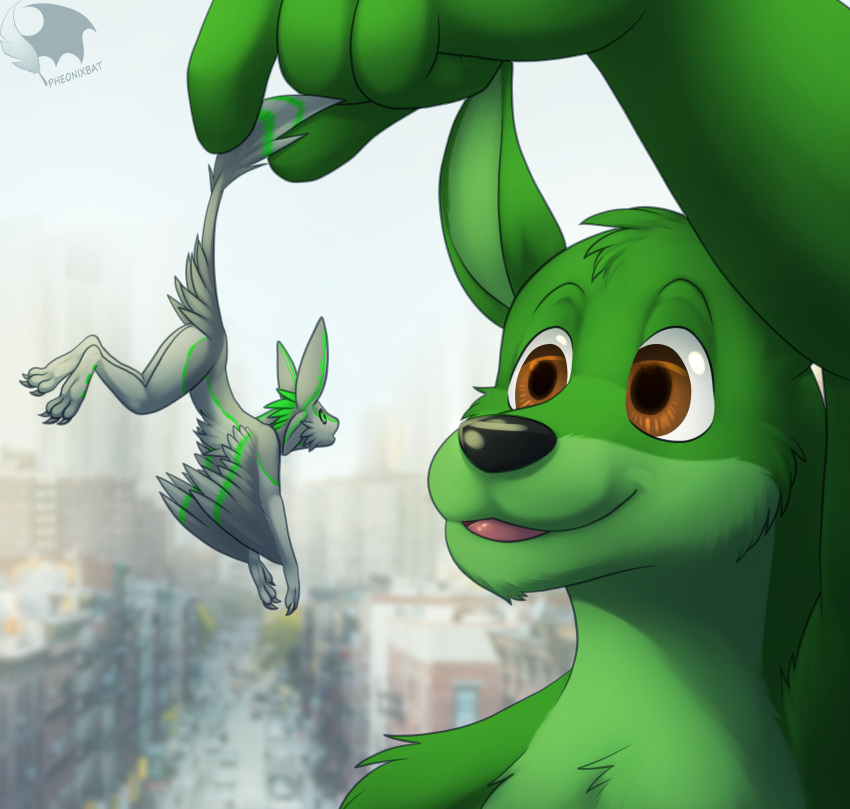 2022 3_fingers 3_toes 4_ears aaron_(aaronfranke) absurd_res anthro avali black_nose brown_eyes city city_background claws duncan_roo duo ears_up eye_contact feathers feet fingers fur green_body green_eyes green_feathers green_fur grey_body grey_claws grey_feathers grey_sclera hi_res holding_by_tail holding_character kangaroo long_ears looking_at_another macro macropod male male_(lore) mammal marsupial micro multi_ear pheonixbat smile tail_tuft toes tuft winged_arms wings