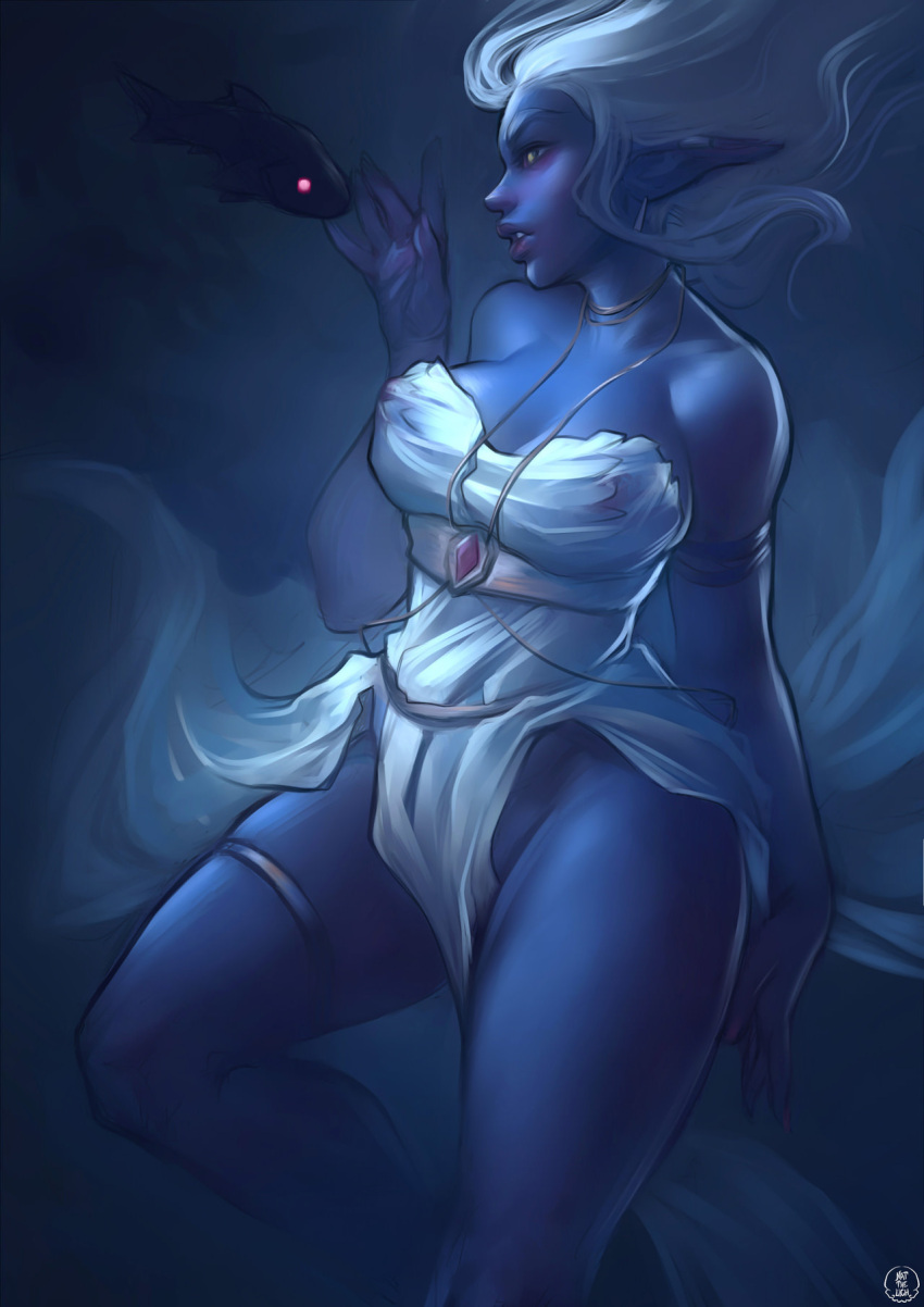 big_breasts blizzard_entertainment breasts cleavage clothed clothing dress duo elf female fish hair hi_res humanoid humanoid_pointy_ears lips marine n'zoth_(warcraft) nat_the_lich night_elf nipple_outline nipples purple_body queen_azshara_(warcraft) thick_thighs translucent translucent_clothing underwater video_games warcraft water white_hair wide_hips