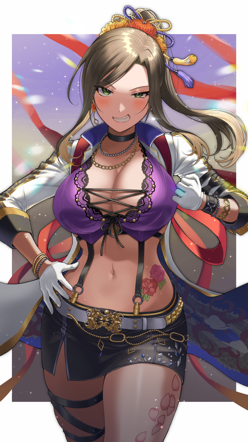 1girl absurdres belt black_choker blush border bracelet breasts brown_hair choker cleavage clenched_hand cowboy_shot crop_top cropped_jacket curvy earrings gloves grin hair_ornament hand_on_hip high_collar high_ponytail highres idol idolmaster idolmaster_cinderella_girls jacket jewelry large_breasts leg_tattoo long_hair looking_at_viewer miniskirt mukai_takumi navel necklace open_clothes open_jacket ro_torobo sidelocks skirt smile solo stomach_tattoo suspender_skirt suspenders tattoo thigh_strap thighs unfinished white_belt white_border white_gloves white_jacket yellow_eyes