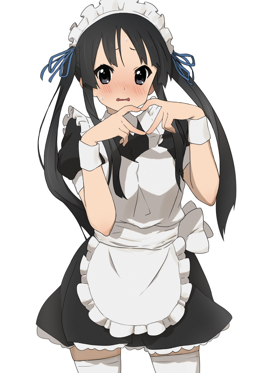 1girl absurdres akiyama_mio alternate_costume alternate_hairstyle apron bangs black_dress black_eyes black_hair blue_ribbon blush collar commentary_request dress embarrassed enmaided frilled_apron frills hair_ribbon heart heart_hands highres hime_cut k-on! kicchi_(tmgk) long_hair looking_at_viewer maid maid_headdress official_alternate_costume open_mouth puffy_short_sleeves puffy_sleeves ribbon short_sleeves simple_background solo thighhighs twintails white_apron white_background white_collar white_legwear white_wristband wristband zettai_ryouiki