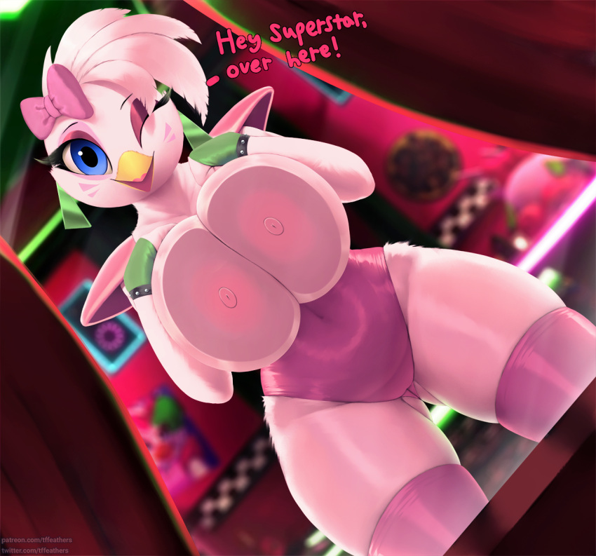 2022 against_surface against_window anthro avian beak belly_on_glass big_breasts bird breasts breasts_against_glass chicken dialogue english_text exclamation_point female five_nights_at_freddy's five_nights_at_freddy's:_security_breach galliform gallus_(genus) glamrock_chica_(fnaf) non-mammal_breasts on_glass one_eye_closed phasianid pink_text scottgames text thousandfoldfeathers video_games window wink