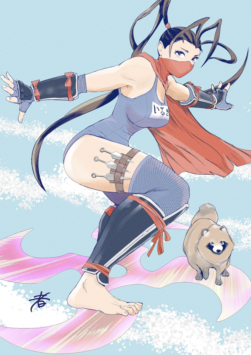 1girl animal antenna_hair barefoot black_hair breasts don_(street_fighter) feet fingerless_gloves full_body gloves high_ponytail highres hiroshi_mono ibuki_(street_fighter) kunai long_hair looking_at_viewer mask medium_breasts ninja ponytail scarf school_swimsuit street_fighter street_fighter_v surfing swimsuit tanuki thigh_strap thighhighs translation_request weapon