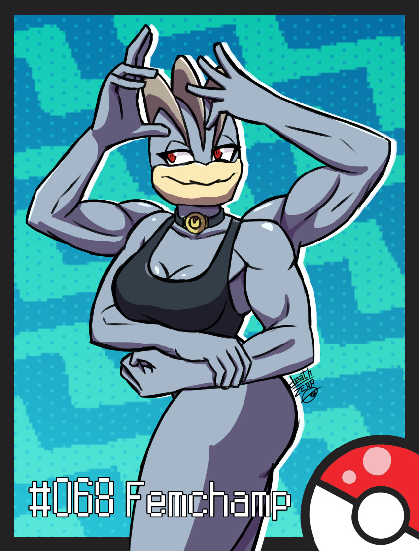 absurd_res big_breasts breasts choker cleavage clothed clothing deathzera female flexing hi_res humanoid jewelry machamp multi_arm multi_limb muscular muscular_female necklace nintendo not_furry pok&eacute;mon pok&eacute;mon_(species) shirt smile solo tank_top topwear video_games