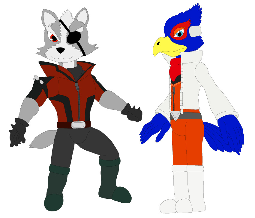 absurd_res anthro avian bird blue_body blue_feathers canid canine canis darkbolt duo falco_lombardi falcon falconid feathers fur grey_body grey_fur hi_res male mammal nintendo star_fox video_games wolf wolf_o'donnell