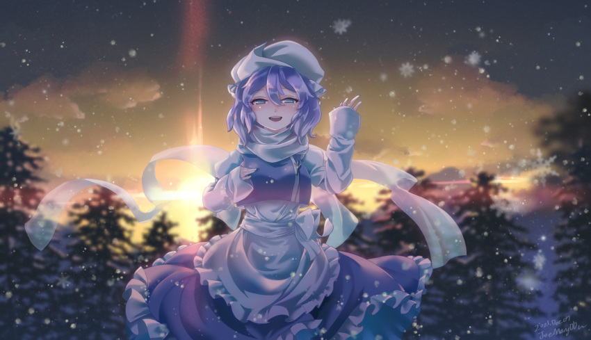 1girl :d apron artist_name blue_dress blue_eyes blue_hair blue_vest blush cloud commentary cowboy_shot dated dress dusk frilled_dress frills hair_between_eyes hand_on_own_chest hands_up hat highres lapel_pin lens_flare letty_whiterock long_sleeves looking_at_viewer noumin_joemanyodw open_mouth outdoors scarf shirt short_hair smile snowing solo teeth touhou tree upper_teeth vest waist_apron waving white_apron white_headwear white_scarf white_shirt winter