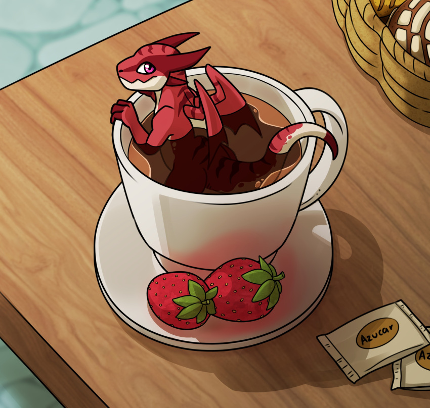 ambiguous_gender beverage coffee coffee_cup coffee_mug container cup dragon food fruit hi_res looking_at_viewer micro nameless00 plant scalie solo strawberry western_dragon