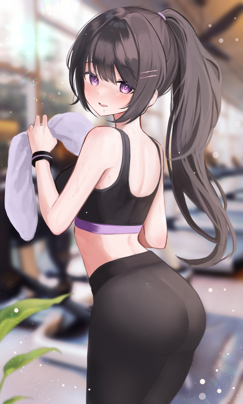 1girl absurdres ass bangs bare_shoulders black_hair blurry blurry_background blush breasts cowboy_shot eyebrows_visible_through_hair gym highres holding holding_towel kimu_(yyhhoo23232) long_hair looking_at_viewer looking_back medium_breasts midriff mole mole_under_mouth open_mouth original pants ponytail purple_eyes smile solo sports_bra sportswear sweat towel treadmill wristband yoga_pants