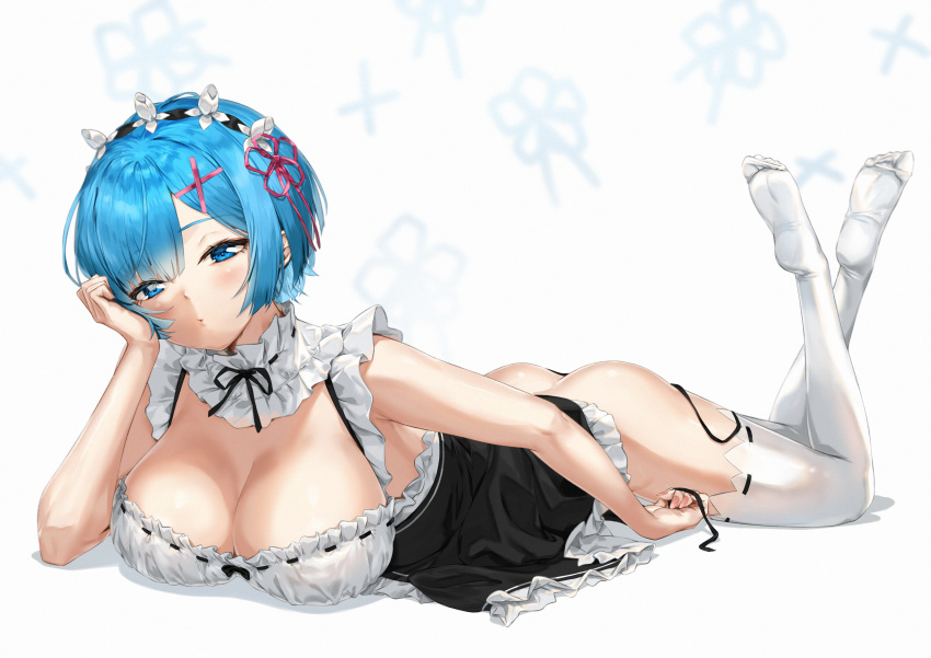 1girl absurdres ass black_dress black_panties blue_eyes blue_hair breast_rest breasts cleavage detached_collar dress feet_up frilled_dress frills full_body hair_ornament half-closed_eyes hand_on_own_cheek hand_on_own_face head_tilt highres large_breasts lying maid maid_headdress on_stomach panties pixel_(yuxian) pout re:zero_kara_hajimeru_isekai_seikatsu rem_(re:zero) short_hair side-tie_panties the_pose thighs underwear untied untied_panties white_background white_legwear x_hair_ornament