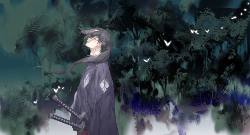 1boy adam's_apple black_hair bug butterfly diamond_(shape) floating_hair from_side glasses glowing_butterfly hair_over_eyes japanese_clothes jinnosuke katana kimono long_hair long_sleeves looking_away looking_up male_focus nature ponytail profile samurai_champloo sash solo starstruckdon sword weapon wind