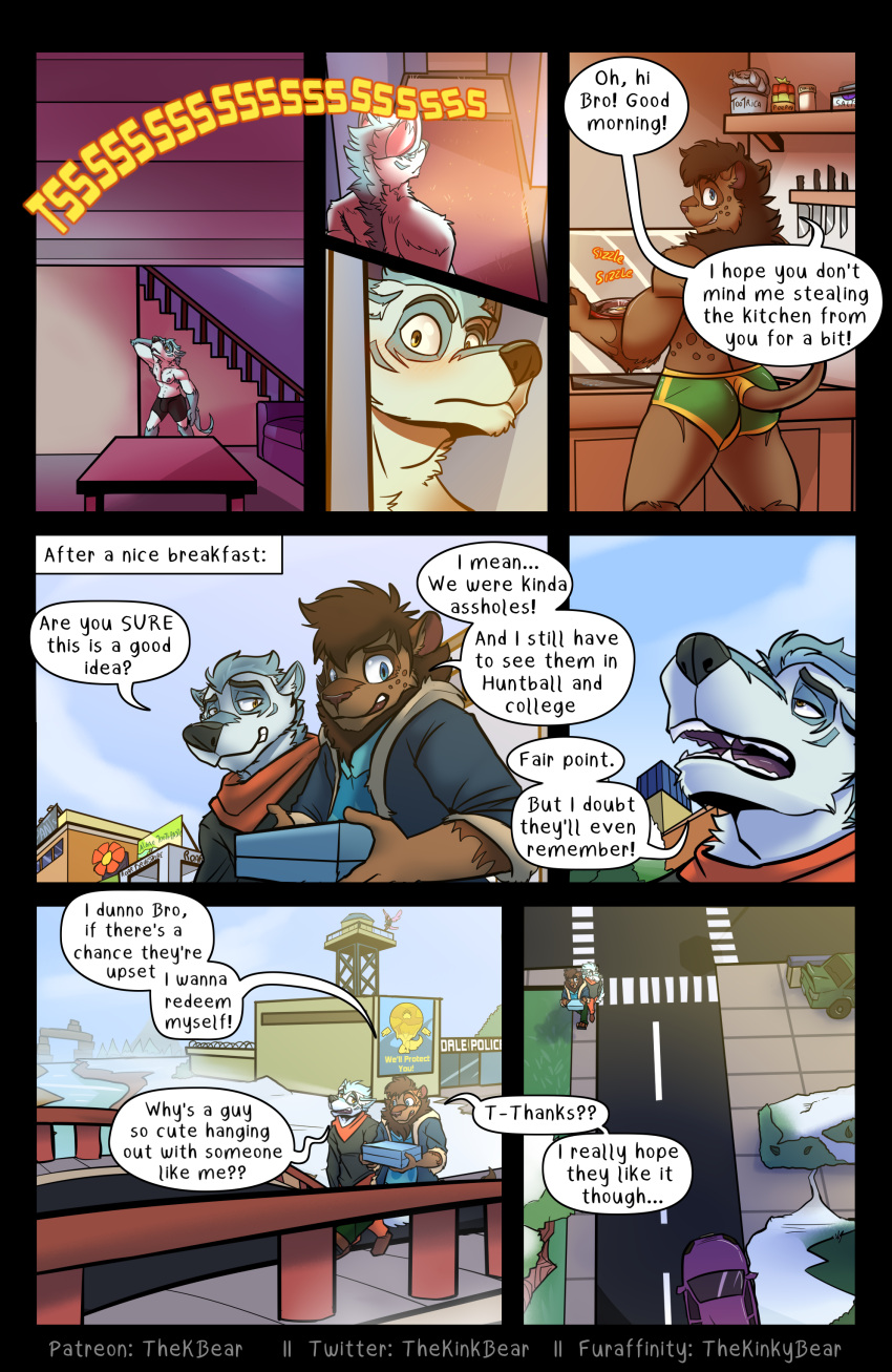 absurd_res anthro avian background_character bird bro_wolffox canid canine canis clothed clothing comic day dialogue dude_lyena duo felid fox hi_res holding_object hyaenid hybrid jacket lion male mammal open_mouth outside pantherine scarf snow thekinkybear topwear underwear underwear_only wolf