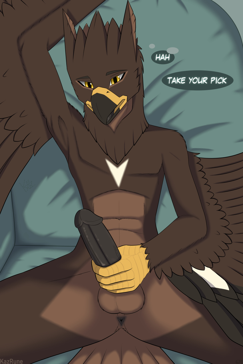 absurd_res accipitrid accipitriform anthro anus avian beak bird brown_body eagle faylinx_(kazrune) feathers fingers front_view genitals golden_eagle hand_on_penis hi_res kazrune looking_at_viewer lying male nude on_back open_mouth penis presenting presenting_anus presenting_penis simple_background slim solo speech_bubble text tongue true_eagle wings