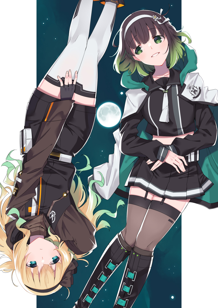 2girls absurdres alternate_costume alternate_hair_color alternate_hair_length alternate_hairstyle aqua_eyes belt black_footwear black_gloves black_hairband black_legwear black_skirt blonde_hair boots brown_hair cape commentary_request crop_top fingerless_gloves gloves gochuumon_wa_usagi_desu_ka? gradient_hair green_eyes green_hair hairband hetareeji highres hood hood_down hooded_cape kirima_syaro knee_boots long_hair long_sleeves multicolored_hair multiple_girls parted_lips pleated_skirt rotational_symmetry short_hair skirt smile thighhighs thighhighs_under_boots ujimatsu_chiya wavy_hair white_legwear zettai_ryouiki