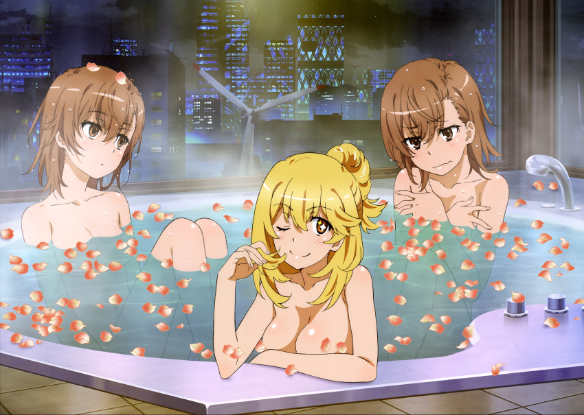 3girls ;) absurdres bath bathing bathtub blonde_hair breast_envy breasts brown_hair building city cleavage closed_mouth collarbone completely_nude covering covering_breasts cropped embarrassed female hair_twirling head_tilt highres hiyamizu_yukie indoors j.c._staff long_hair looking_at_viewer magazine_scan medium_breasts medium_hair misaka_imouto misaka_mikoto multiple_girls non-web_source nude official_art one_eye_closed partially_submerged petals petals_on_liquid scan shared_bathing shiny shiny_hair shiny_skin shokuhou_misaki short_hair sitting small_breasts smile star-shaped_pupils star_(symbol) symbol-shaped_pupils third-party_edit tied_hair toaru_kagaku_no_railgun toaru_majutsu_no_index wet wet_hair wind_turbine windmill