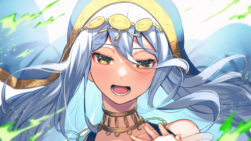 1girl alternate_costume azura_(fire_emblem) bangs bare_shoulders blue_dress blue_hair blush collarbone commentary_request dress eyebrows_visible_through_hair fire_emblem fire_emblem_fates fire_emblem_heroes floating_hair gold_trim hair_between_eyes half-closed_eyes highres jewelry long_hair looking_at_viewer music nakabayashi_zun official_alternate_costume open_mouth portrait singing solo veil very_long_hair yellow_eyes