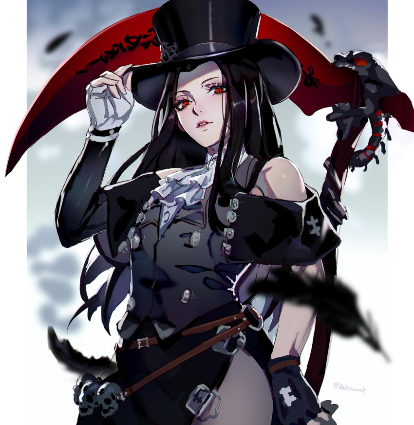 1other androgynous asymmetrical_gloves bare_shoulders black_clothes black_hair black_suit border collared_shirt datcravat eyeshadow feathers fingerless_gloves formal gloves guilty_gear guilty_gear_strive hat highres holding holding_weapon long_hair looking_at_viewer makeup red_eyes scythe shirt side_slit skull standing straight_hair suit testament_(guilty_gear) top_hat twitter_username weapon white_background white_border white_gloves white_shirt