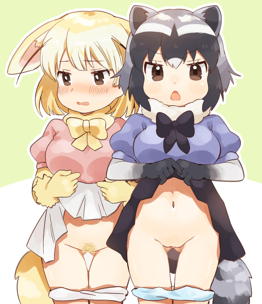 2girls animal_ears ass_visible_through_thighs bangs black_hair blonde_hair blonde_pubic_hair blush bow bowtie brown_eyes brown_hair clothes_lift common_raccoon_(kemono_friends) cowboy_shot ears_down elbow_gloves embarrassed extra_ears eyebrows_visible_through_hair female_pubic_hair fennec_(kemono_friends) flashing fox_ears fox_girl fox_tail fur_collar furrowed_brow gloves grey_hair groin highres kemono_friends looking_at_viewer looking_away medium_hair multicolored_hair multiple_girls navel no_pussy nose_blush open_mouth panties panty_pull pink_sweater pubic_hair puffy_short_sleeves puffy_sleeves purple_sweater raccoon_ears raccoon_girl raccoon_tail short_sleeve_sweater short_sleeves skirt skirt_lift stomach suicchonsuisui sweater tail thigh_gap two-tone_hair underwear v-shaped_eyebrows white_hair