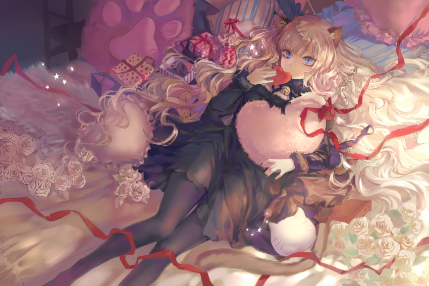 1girl animal_ears bell black_dress black_legwear blonde_hair blue_eyes cat_ears chinese_commentary commentary_request derivative_work dress feet_out_of_frame flower gift heart heart_pillow long_hair long_sleeves looking_at_viewer mmmilk neck_bell original painttool_sai_(medium) pantyhose pillow red_ribbon ribbon rose slit_pupils solo star_(symbol) white_flower white_rose