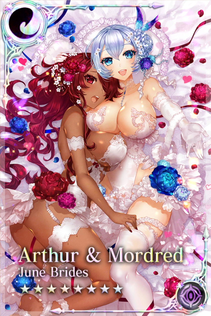 1girl age_of_ishtaria apt arthur_(age_of_ishtaria) bed blue_eyes bridal_gauntlets bridal_veil dark_skin flower hair_flower hair_ornament highres long_hair mordred_(age_of_ishtaria) red_eyes red_hair silver_hair veil