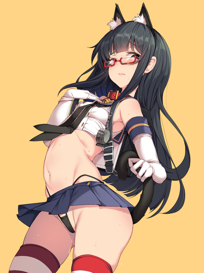 1girl anal_tail animal_ear_fluff animal_ears asashio_(kancolle) backpack bag bangs bell black_hair black_neckerchief black_panties blue_sailor_collar blue_skirt breasts cat_tail closed_mouth collar commentary_request cosplay elbow_gloves fake_animal_ears fake_tail glasses gloves highleg highleg_panties highres holding holding_tail kantai_collection long_hair looking_at_viewer microskirt neck_bell neckerchief orange_background panties pleated_skirt randoseru red-framed_eyewear red_collar sailor_collar shimakaze_(kancolle) shimakaze_(kancolle)_(cosplay) sidelocks skirt small_breasts solo striped striped_legwear sweat tail thighhighs torisan underwear very_long_hair white_gloves