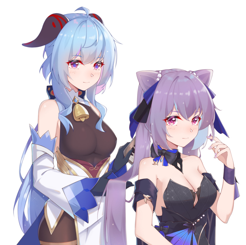 2girls ahoge arm_ribbon bell black_dress black_gloves blue_hair bodysuit breasts brushing_another's_hair cleavage comb cowbell detached_collar detached_sleeves diamond-shaped_pupils diamond_(shape) dress ganyu_(genshin_impact) genshin_impact gloves goat_horns hair_cones hair_ribbon hand_up highres holding holding_another's_hair holding_comb horns ironmarch keqing_(genshin_impact) keqing_(opulent_splendor)_(genshin_impact) light_smile long_hair medium_breasts multiple_girls pantyhose pearl_hair_ornament purple_dress purple_eyes purple_hair purple_nails ribbon symbol-shaped_pupils thighband_pantyhose twintails two-tone_dress white_background wide_sleeves wrist_ribbon