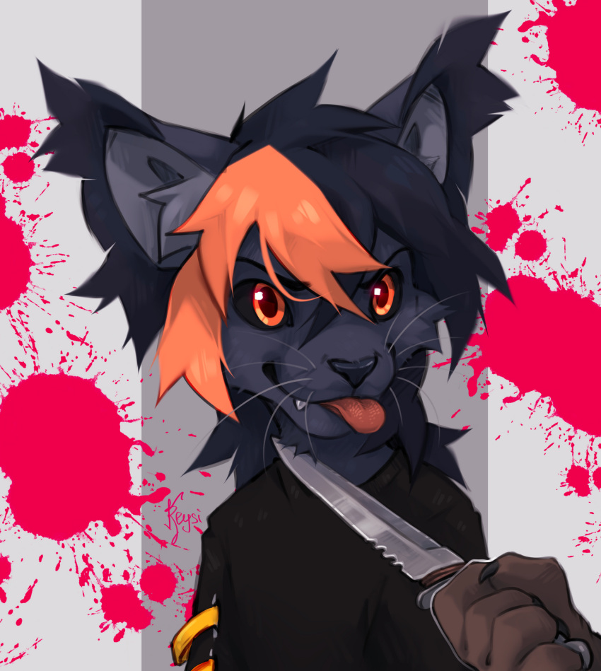 2022 anthro black_body black_fur black_hair black_sclera digital_media_(artwork) duo felid feline fur hair hi_res holding_object holding_weapon mammal orange_eyes reysi weapon whiskers