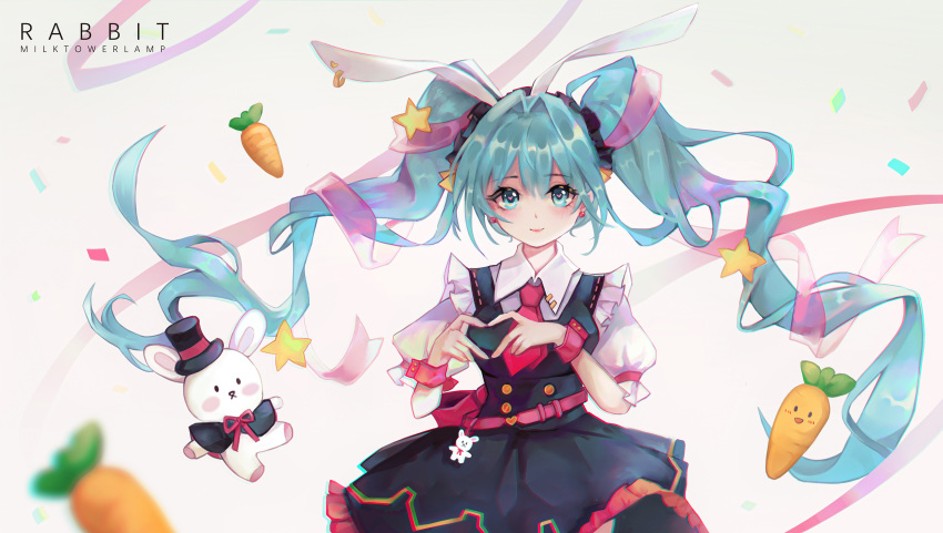 1girl :d absurdres animal_ears aqua_eyes aqua_hair artist_name bangs belt blurry blurry_foreground bunny carrot closed_mouth collared_shirt commentary_request cowboy_shot earrings english_text eyebrows_visible_through_hair fake_animal_ears hair_between_eyes hair_ribbon hat hatsune_miku heart heart_hands highres jewelry looking_at_viewer milktower necktie open_mouth puffy_short_sleeves puffy_sleeves rabbit_ears ribbon shirt short_sleeves simple_background smile solo star_(symbol) stuffed_animal stuffed_bunny stuffed_toy twintails vocaloid white_background wrist_cuffs