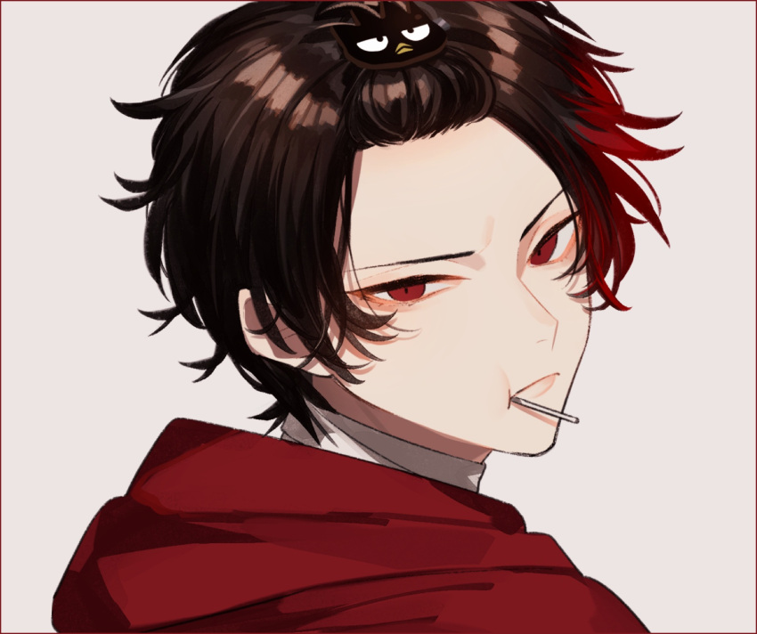 1boy bird_hair_ornament brown_hair candy eating food hair_ornament highres hizen_tadahiro looking_at_viewer male_focus red_eyes red_hair simple_background touken_ranbu yamada_chickenko