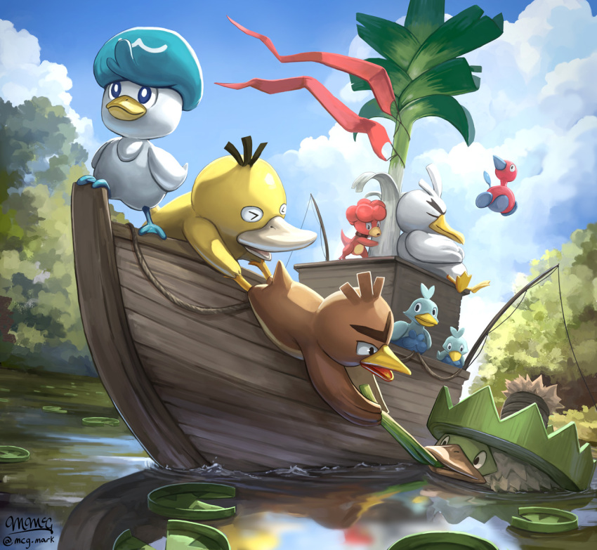 &gt;_&lt; blue_eyes boat bright_pupils closed_mouth cloud commentary day ducklett farfetch'd fishing_rod highres lily_pad ludicolo magby mcgmark no_humans outdoors pokemon pokemon_(creature) porygon2 psyduck quaxly reflection ripples signature sirfetch'd sky smile standing water watercraft white_pupils