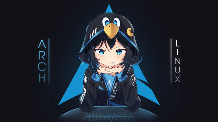 1girl absurdres arch_linux bird black_hair black_jacket blue_eyes copyright_name english_commentary english_text highres hood hood_up hooded_jacket jacket linux logo looking_at_viewer os-tan pac-man penguin personification raviolimavioli short_hair smirk solo teeth