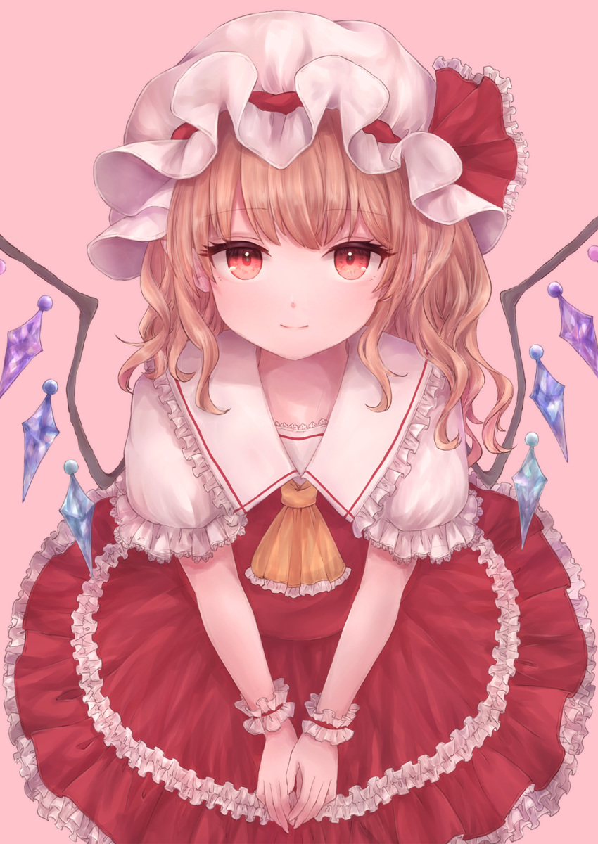 1girl alternate_hair_length alternate_hairstyle ascot bangs bebitera blonde_hair brown_hair closed_mouth collared_shirt crystal dress eyebrows_visible_through_hair flandre_scarlet frilled_dress frills from_above hat hat_ribbon highres jewelry light_smile long_hair looking_at_viewer mob_cap puffy_short_sleeves puffy_sleeves red_dress red_eyes red_ribbon ribbon shirt short_sleeves simple_background solo touhou white_background white_headwear white_shirt wings wrist_cuffs yellow_ascot